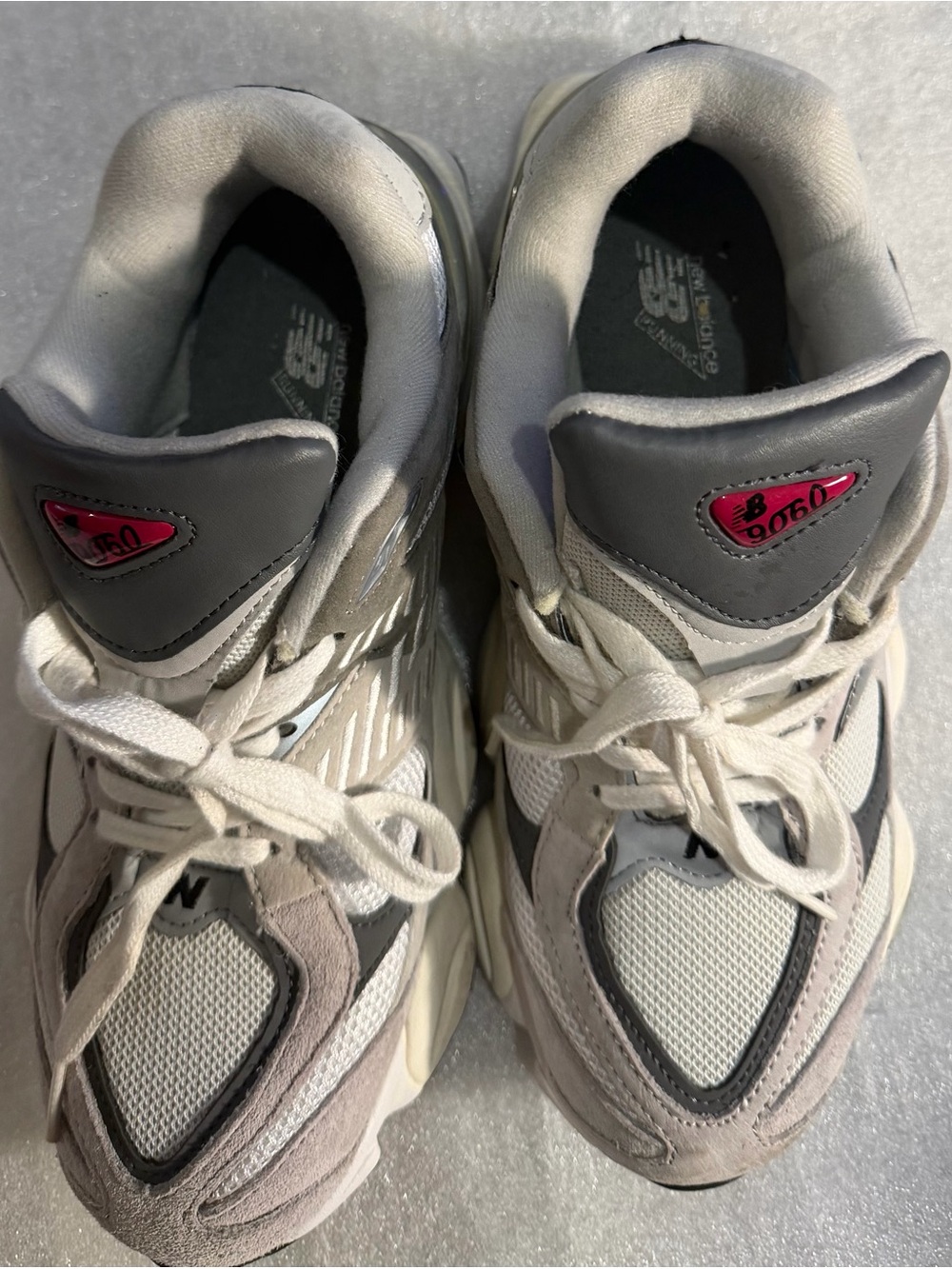 New Balance 9060 Gray and White Leather Mesh Sneakers with Red Accent - Picture 6 of 8